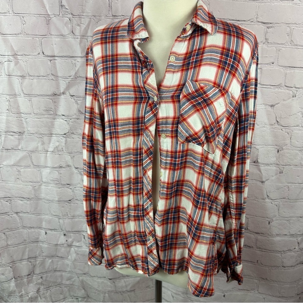 GAP orange Blue Plaid flannel Shirt sz womens large cotton blend winter fall